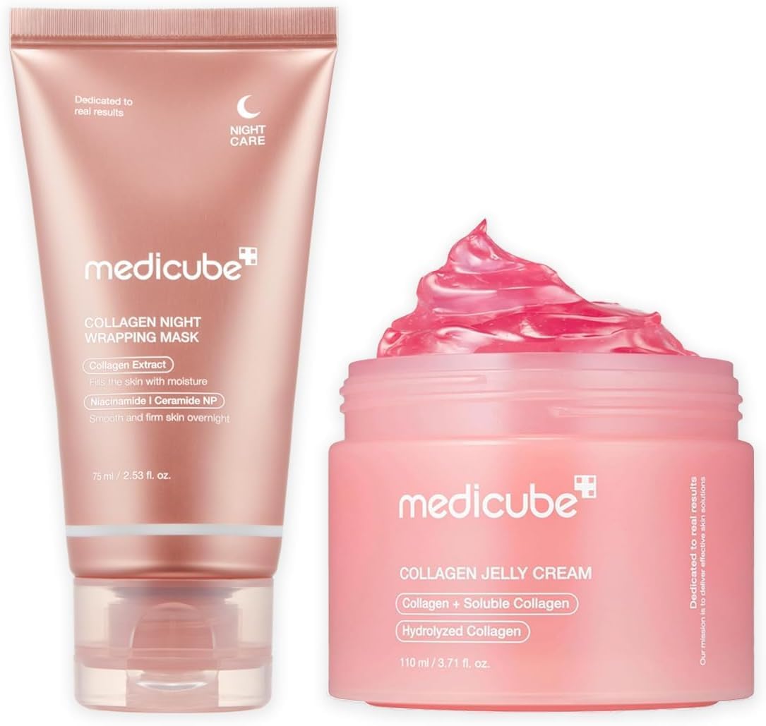 medicube Routine Glass Skin: Collagen Wrapping Night Mask 75 ml and Plumping Collagen Jelly Cream 110 ml