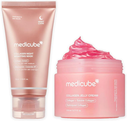 medicube Routine Glass Skin: Collagen Wrapping Night Mask 75 ml and Plumping Collagen Jelly Cream 110 ml