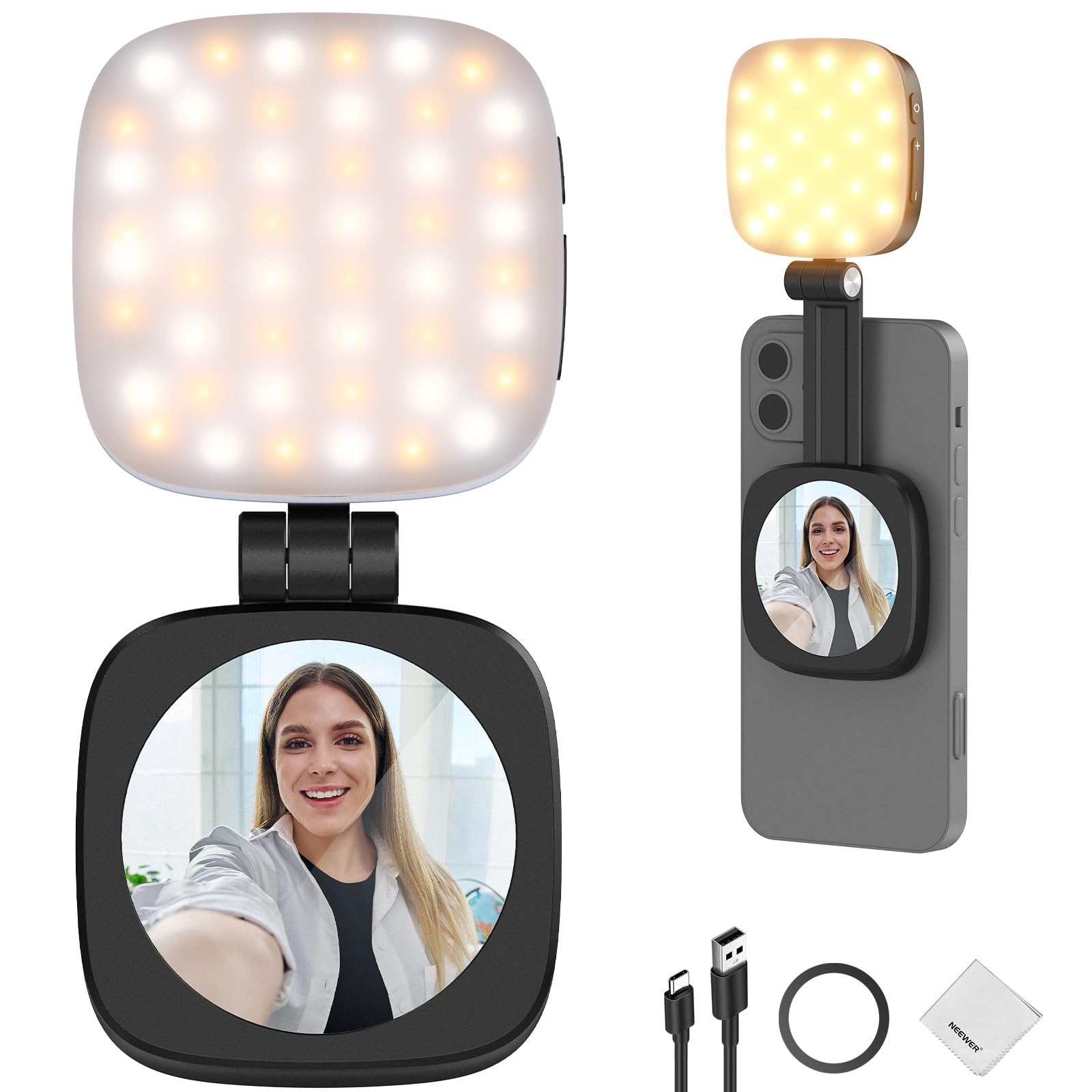 NEEWER BASICS Magnetic Selfie Light Compatible with MagSafe iPhone, CRI95 LED Light Round Foldable Phone with Stand/Mirror for Photo Makeup Zoom Video Conference, White NL48B