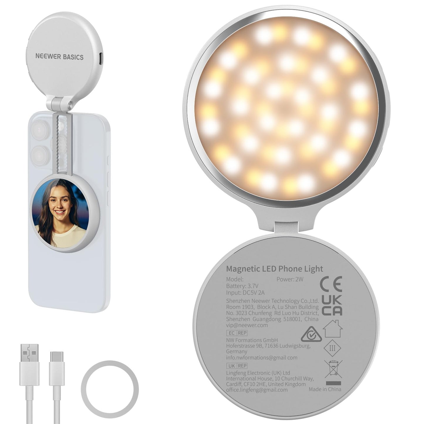 NEEWER BASICS Magnetic Selfie Light Compatible with MagSafe iPhone, CRI95 LED Light Round Foldable Phone with Stand/Mirror for Photo Makeup Zoom Video Conference, White NL48B