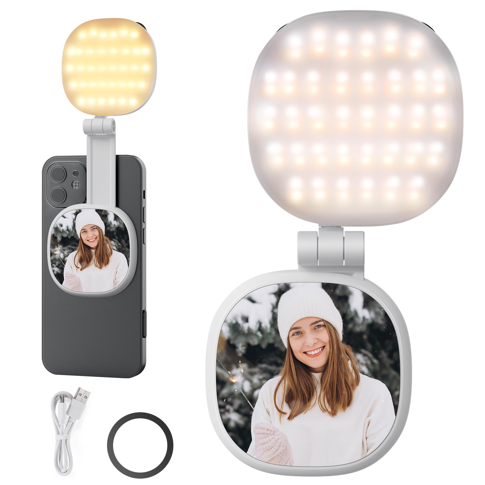 NEEWER BASICS Magnetic Selfie Light Compatible with MagSafe iPhone, CRI95 LED Light Round Foldable Phone with Stand/Mirror for Photo Makeup Zoom Video Conference, White NL48B