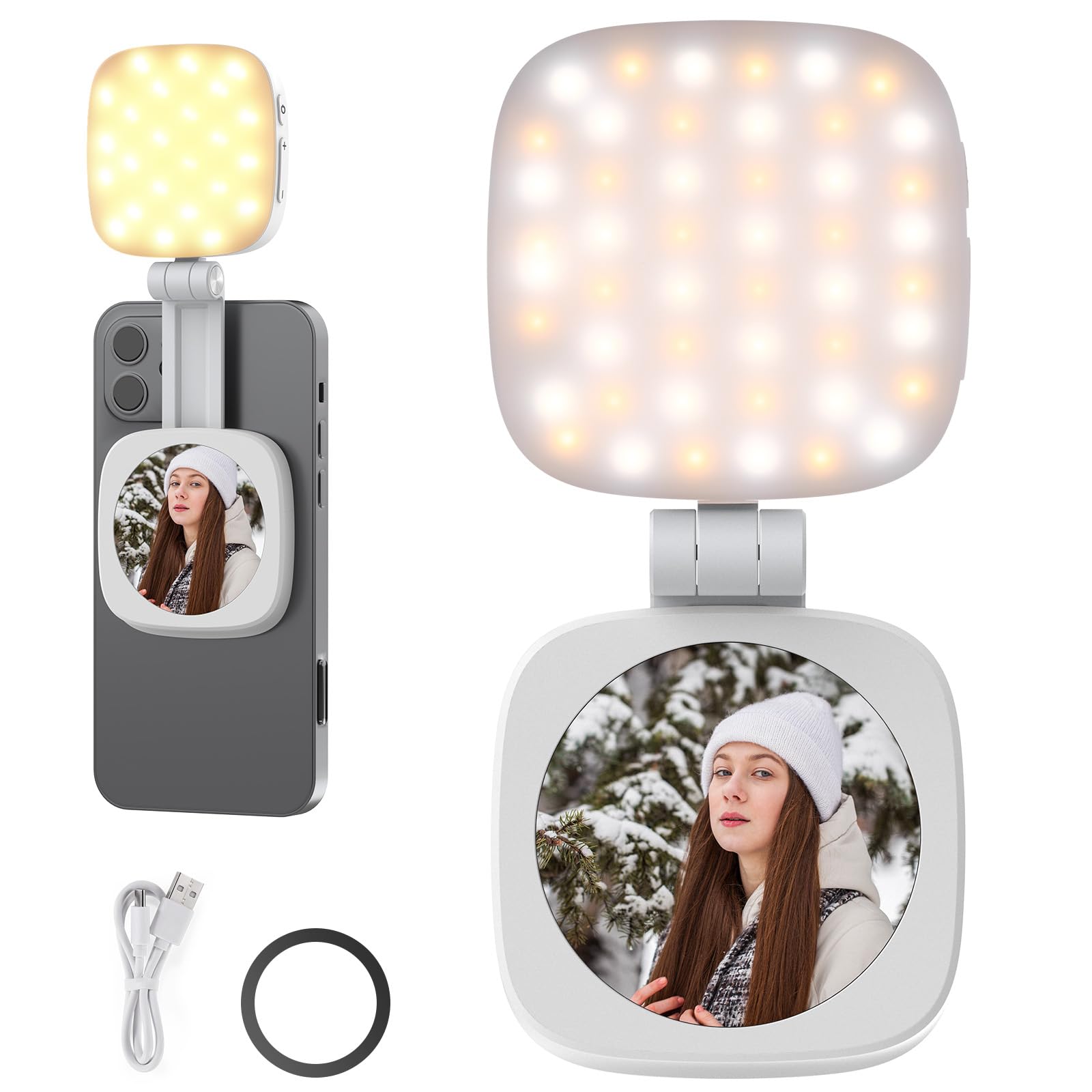 NEEWER BASICS Magnetic Selfie Light Compatible with MagSafe iPhone, CRI95 LED Light Round Foldable Phone with Stand/Mirror for Photo Makeup Zoom Video Conference, White NL48B