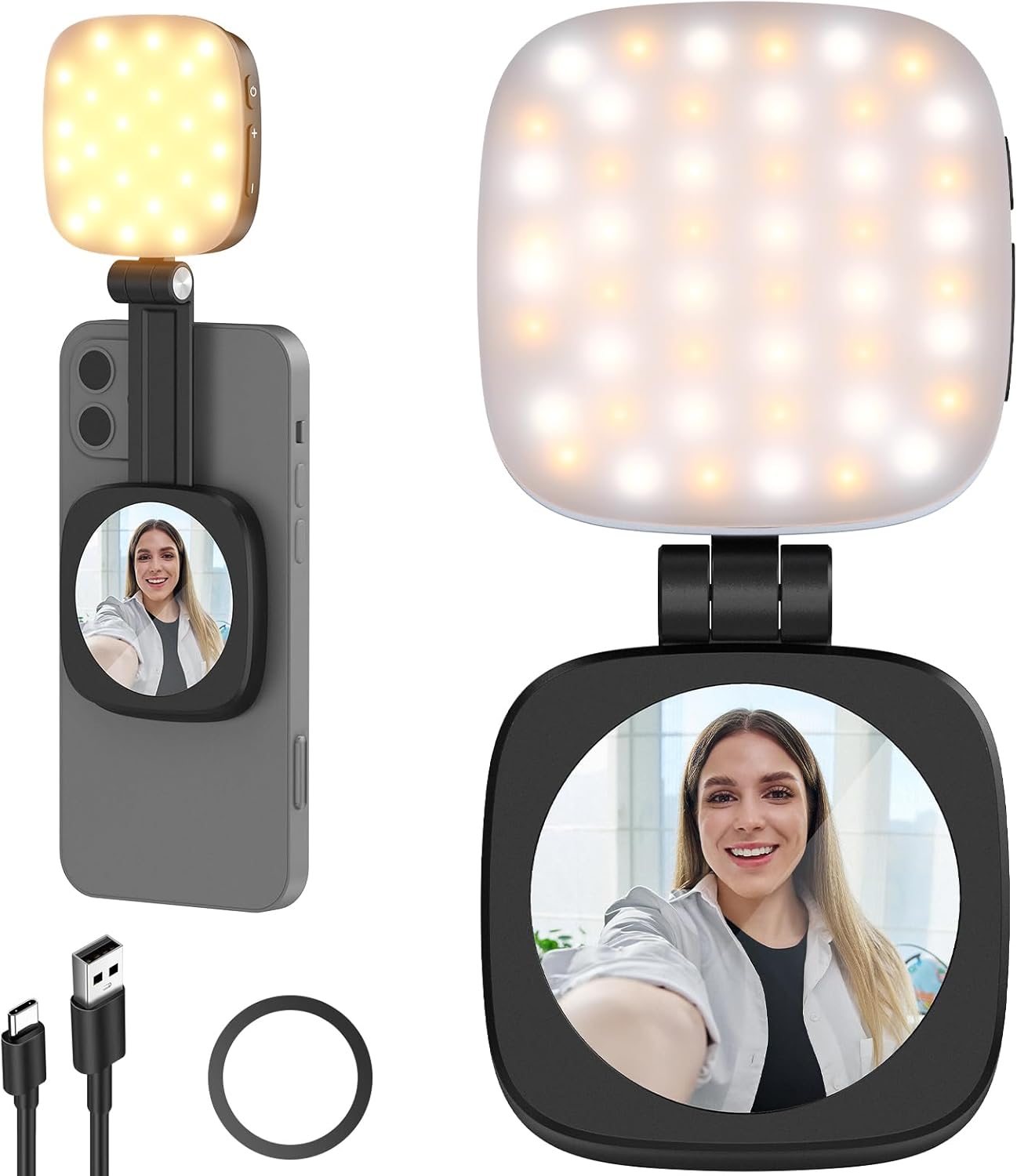 NEEWER BASICS Magnetic Selfie Light Compatible with MagSafe iPhone, CRI95 LED Light Round Foldable Phone with Stand/Mirror for Photo Makeup Zoom Video Conference, White NL48B