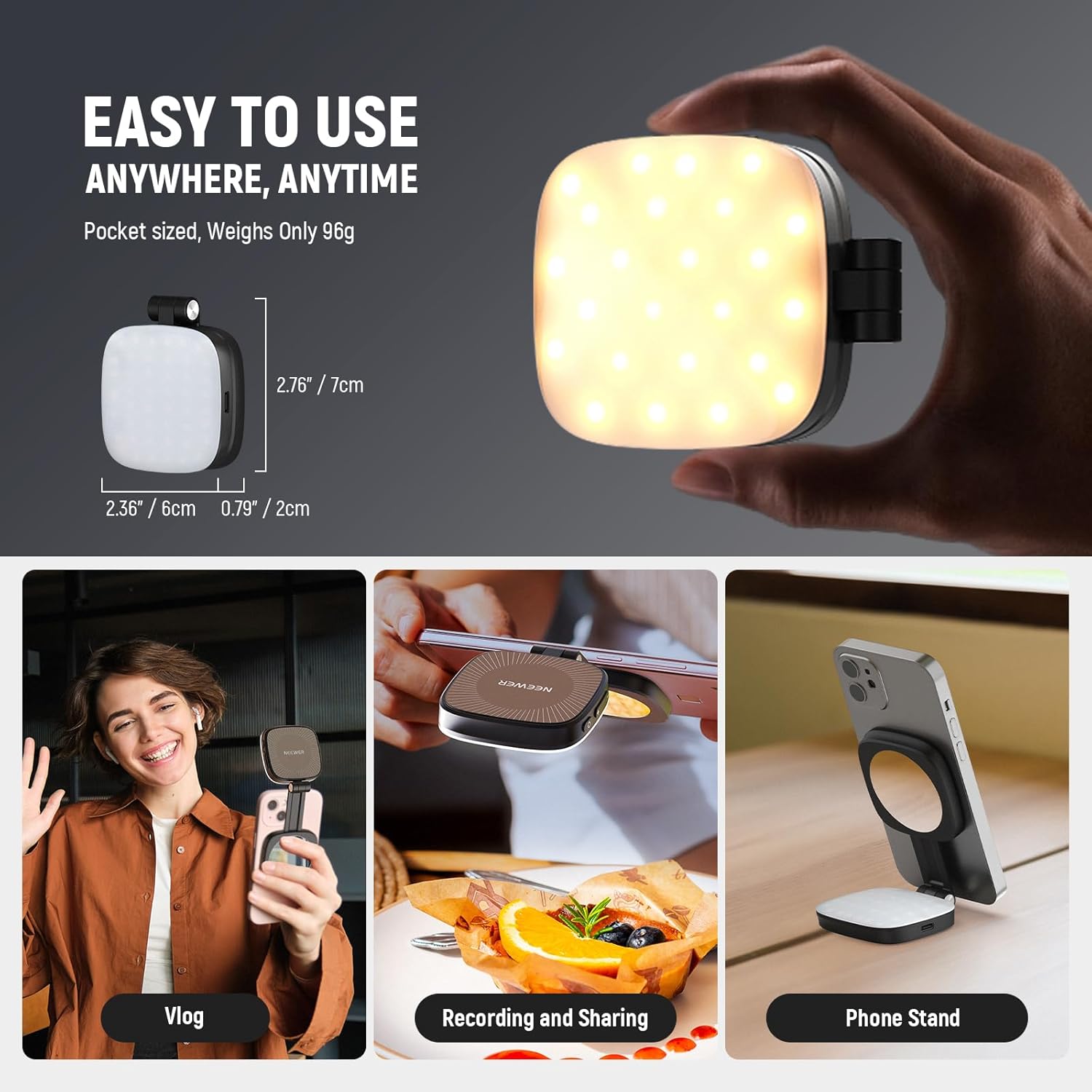 NEEWER BASICS Magnetic Selfie Light Compatible with MagSafe iPhone, CRI95 LED Light Round Foldable Phone with Stand/Mirror for Photo Makeup Zoom Video Conference, White NL48B