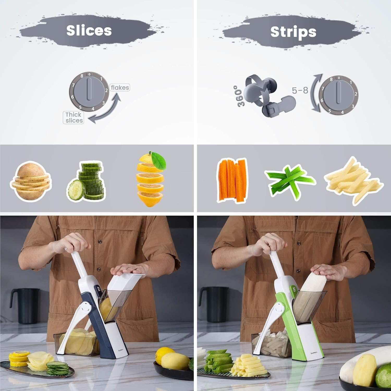 SupMaKin Euroshopping Kitchen Mandolin Safety Slicer Manual Multifunction All Vegetable Cutter Stainless Steel Blade, Julienne, Cubes, Carrot Fried Potato Slicer, Carrot Slicer, Grey