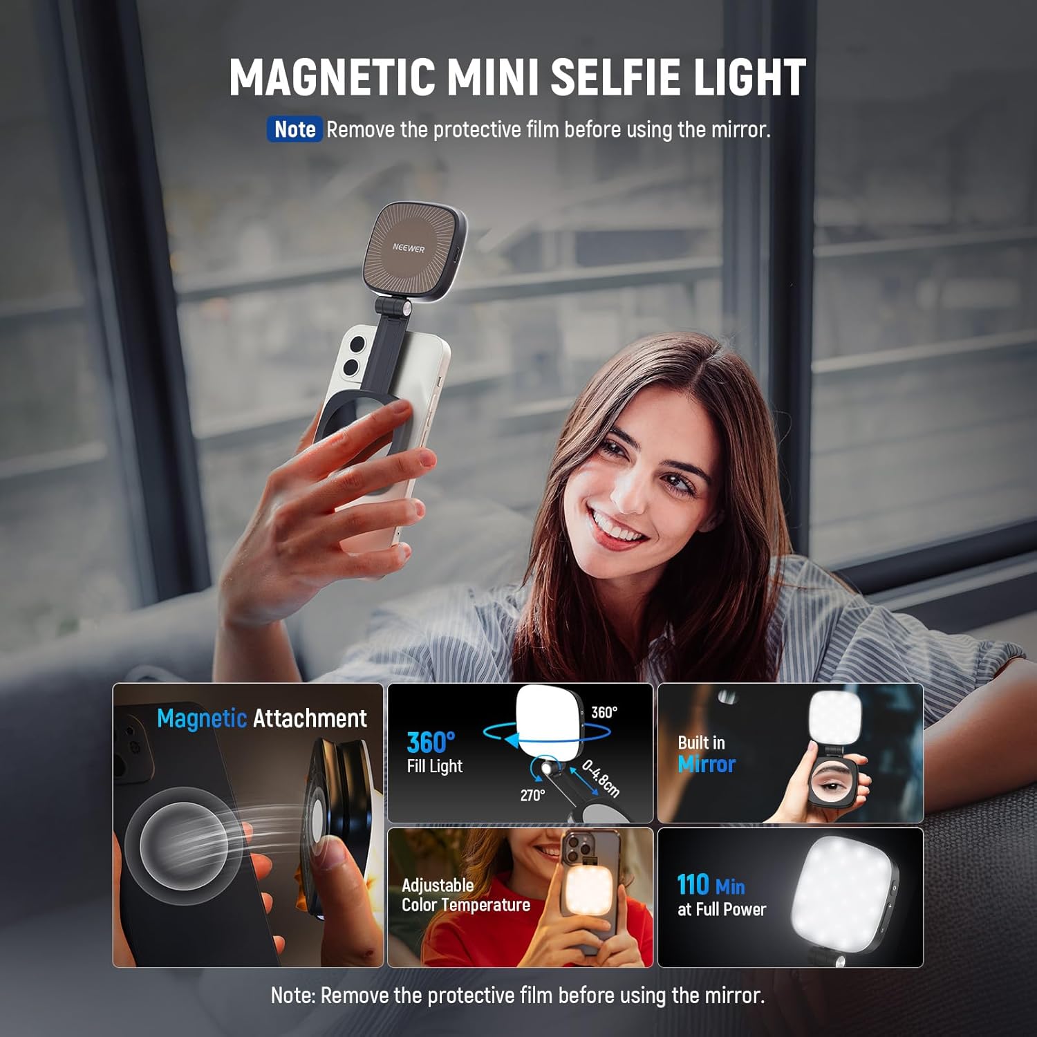 NEEWER BASICS Magnetic Selfie Light Compatible with MagSafe iPhone, CRI95 LED Light Round Foldable Phone with Stand/Mirror for Photo Makeup Zoom Video Conference, White NL48B