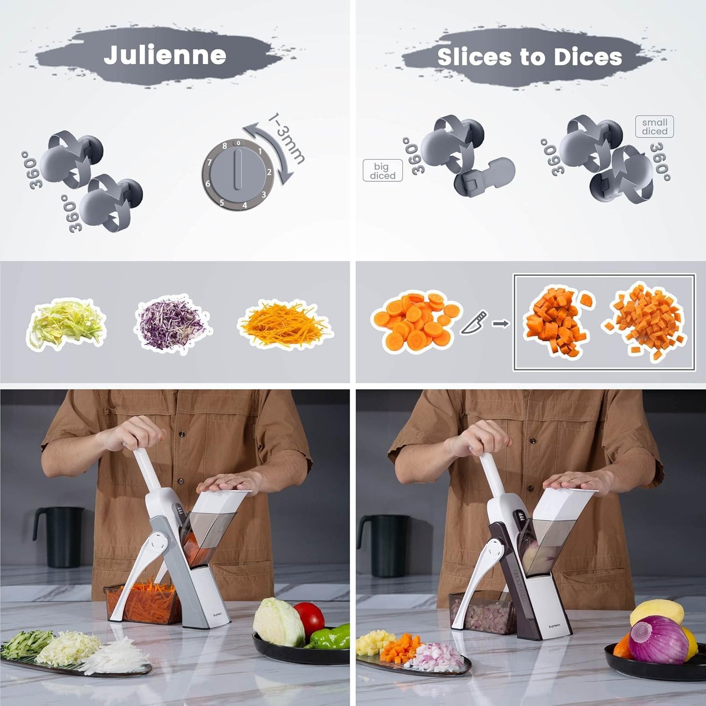 SupMaKin Euroshopping Kitchen Mandolin Safety Slicer Manual Multifunction All Vegetable Cutter Stainless Steel Blade, Julienne, Cubes, Carrot Fried Potato Slicer, Carrot Slicer, Grey