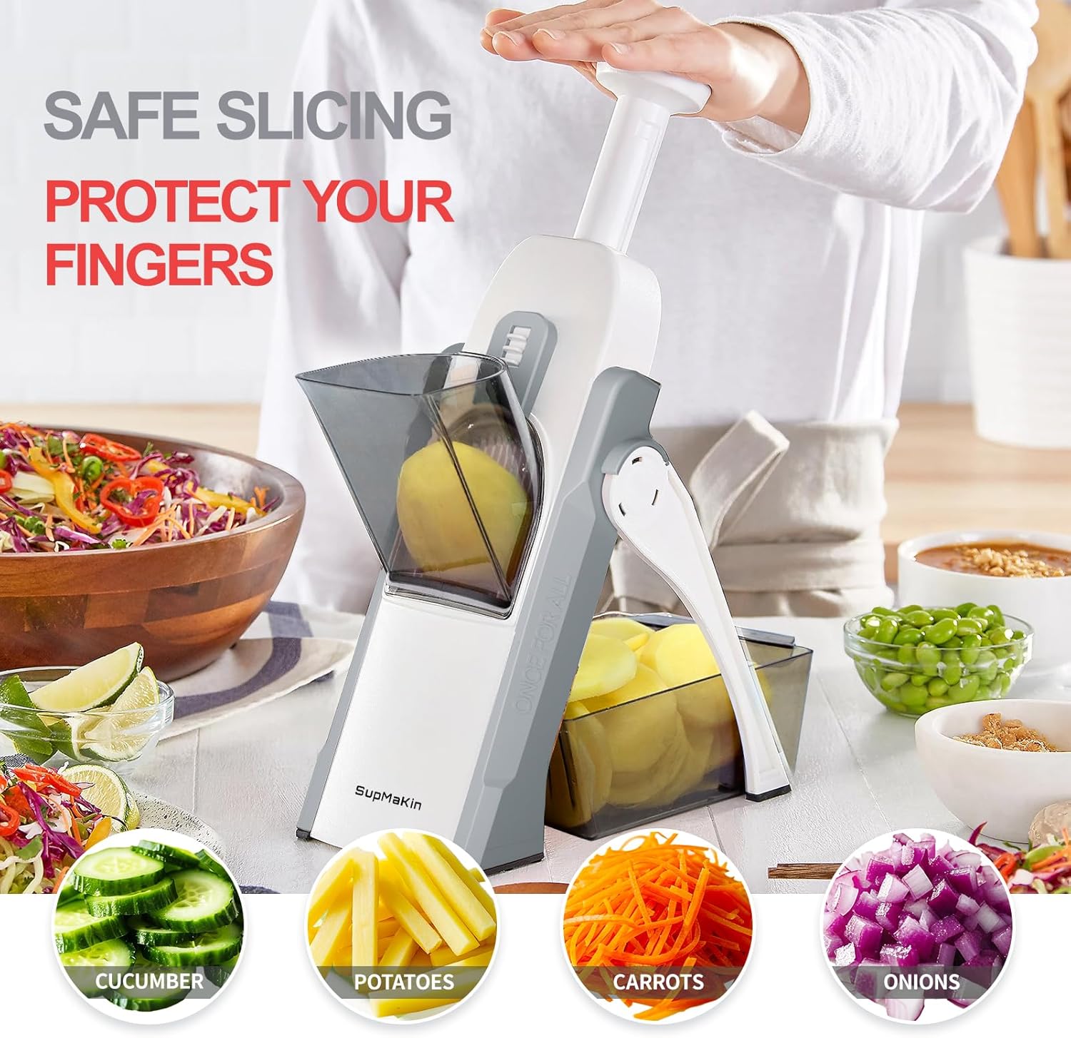 SupMaKin Euroshopping Kitchen Mandolin Safety Slicer Manual Multifunction All Vegetable Cutter Stainless Steel Blade, Julienne, Cubes, Carrot Fried Potato Slicer, Carrot Slicer, Grey